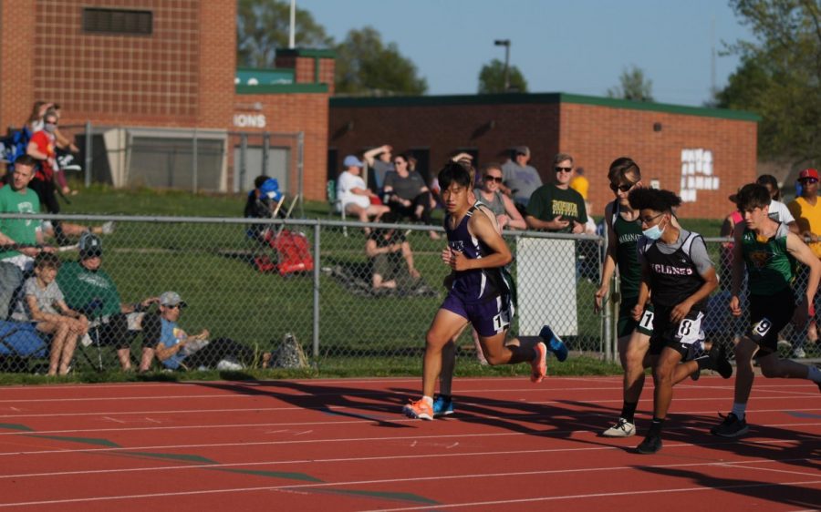 Junior Matthew Grimm runs the 1 mile Friday, April 30 at the Basehor-Linwood track meet hosted by DeSoto High School. Grimm placed 6th for the heat and 7th overall. 